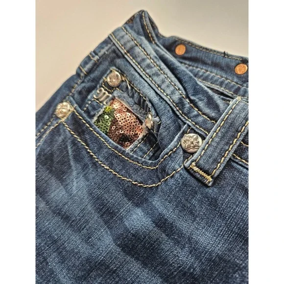 Miss Me Signature Boot Jeans Women 28 Blue Camo Sequin Embellished Dark Wash - Picture 4 of 9